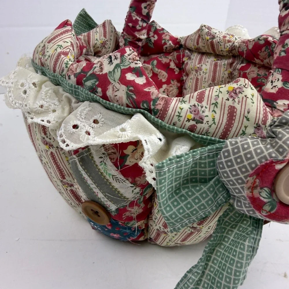 Handmade Quilted Patchwork Fabric Basket Floral Lace Button Country Cottage Red